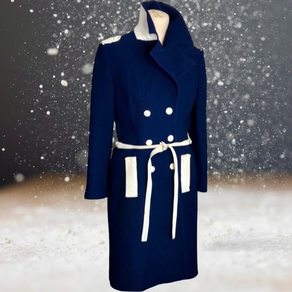 Vintage Lilli Ann Dark Royal Blue / White Leather Accents Dress Coat Fits M or L